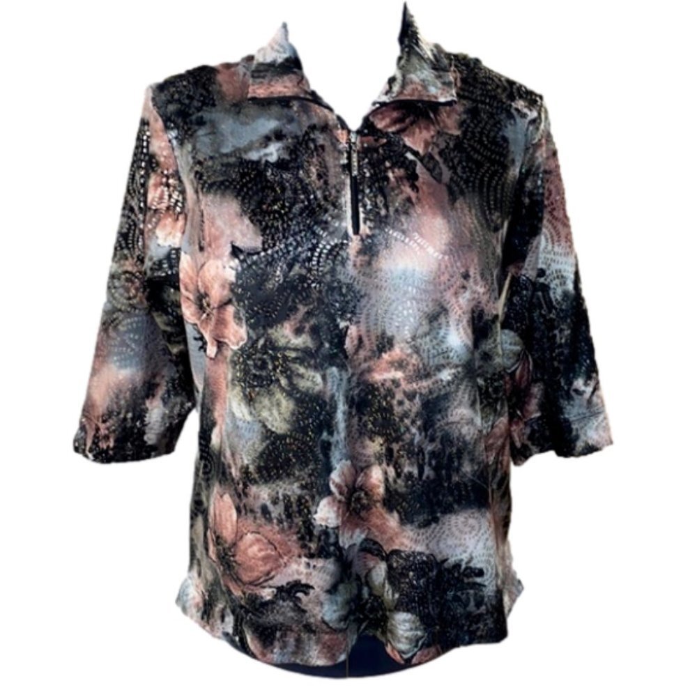 Women's Floral Sparkle Mid Sleeve Quarter (1/4) Zip Blouse (Size Large)